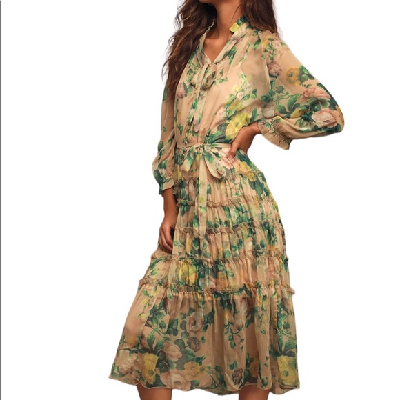 O.P.T. Cosmia Beige Floral Print Tiered Ruffled Midi Dress. Size Small - Picture 3 of 10